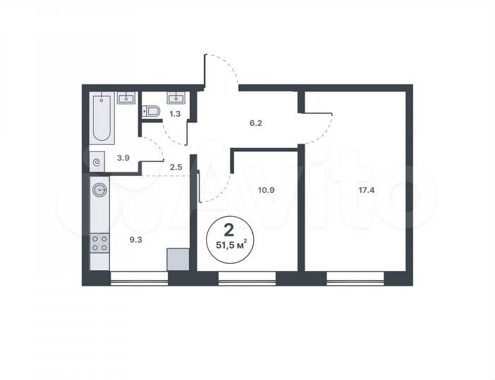 2-к. квартира, 51,4 м², 1/14 эт.