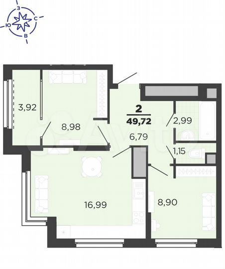 2-к. квартира, 49,7 м², 1/25 эт.