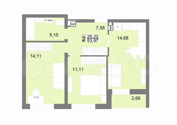 2-к. квартира, 54 м², 8/23 эт.