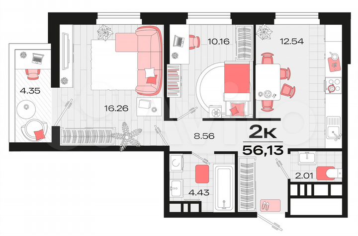 2-к. квартира, 55,4 м², 8/14 эт.