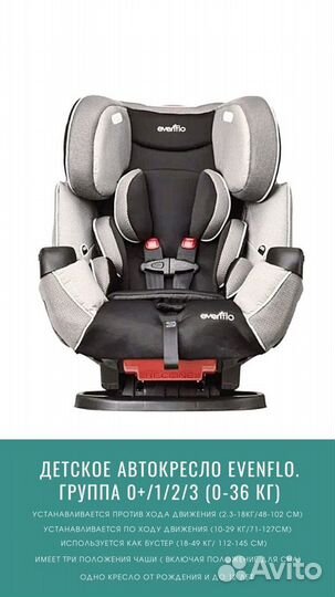 Детское автокресло Evenflo. Гр. 0+/1/2/3 (0-36 кг)