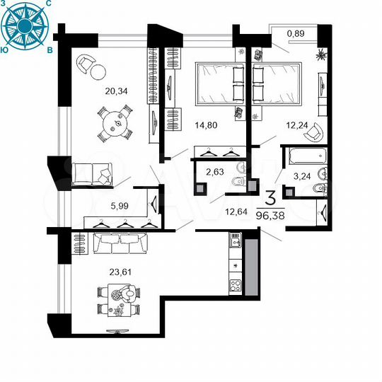 3-к. квартира, 95,8 м², 6/19 эт.
