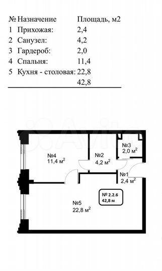 1-к. апартаменты, 42,8 м², 2/11 эт.