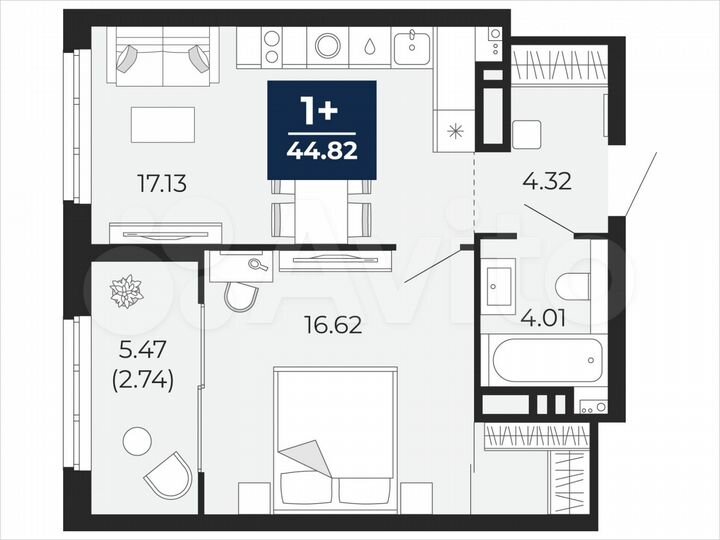 1-к. квартира, 44,8 м², 17/21 эт.