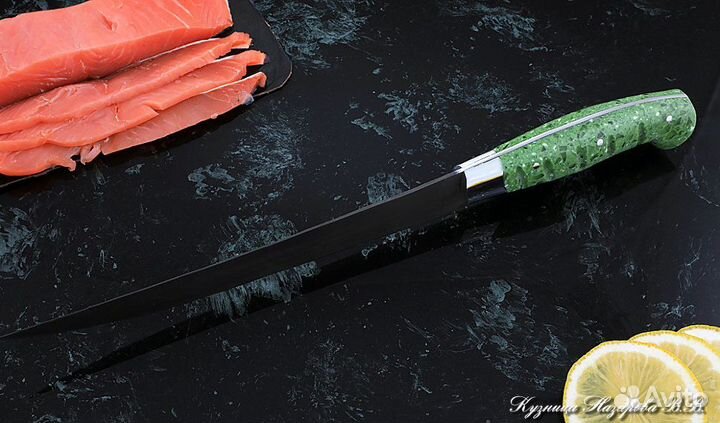 Кухонный нож № 7 сталь Х12мф рукоять акрил зеленый