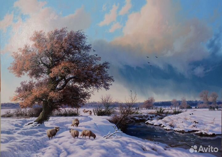 Зимний пейзаж с овцами