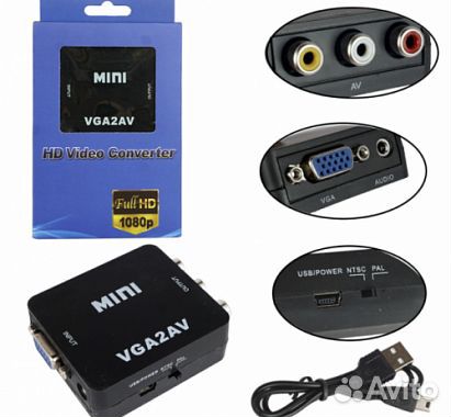 Адаптер Mini VGA2AV 1080p Converter to 3 rca