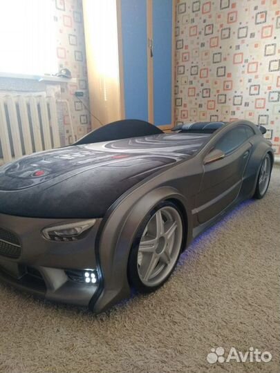 Кровать машинка графит с 3D обивкой