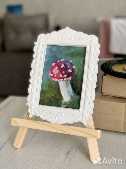 Картина маслом в рамке, гриб мухомор 15х21