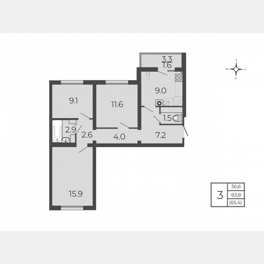 3-к. квартира, 65,4 м², 5/5 эт.