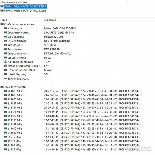 Оперативная память DDR4 16GB (2x8GB) sodimm 3200