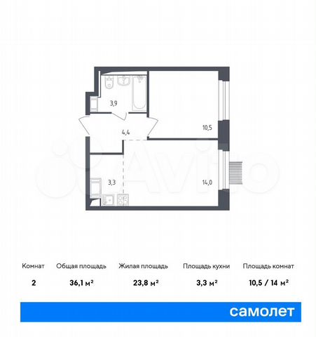 2-к. квартира, 36,1 м², 16/17 эт.