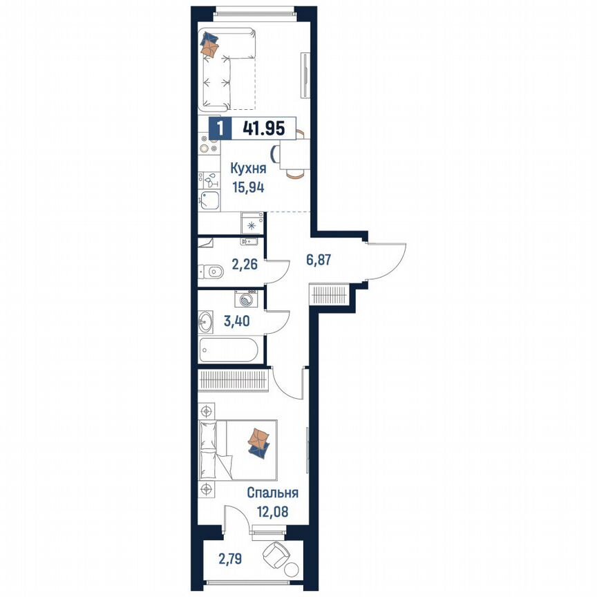 1-к. квартира, 42 м², 2/18 эт.