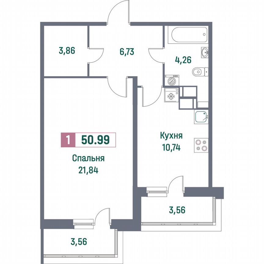 1-к. квартира, 51 м², 13/16 эт.