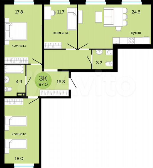 3-к. квартира, 97 м², 6/14 эт.