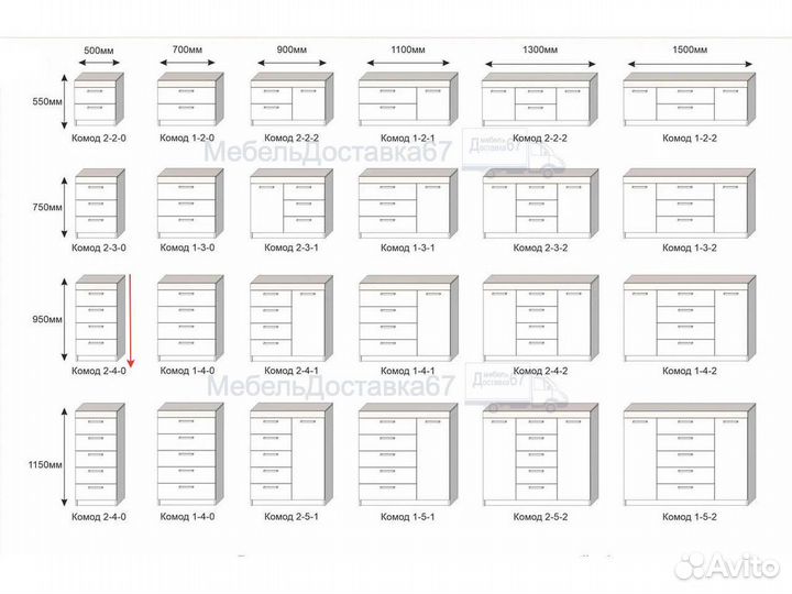 Комод 4 ящ. 0,5 (0,7 - 0,9 - 1,1 - 1,3 - 1,5)
