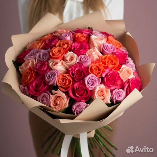 Букет разноцветных роз, Эквадор, 50см 39 шт