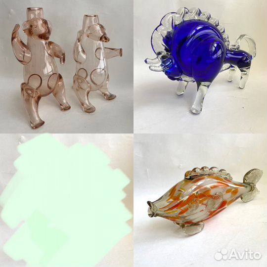 Гутное, выдувное стекло. СССР. Медведи, бык, рыба