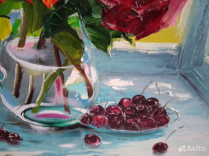 Картина холст масло 57*57 букет в вазе розы