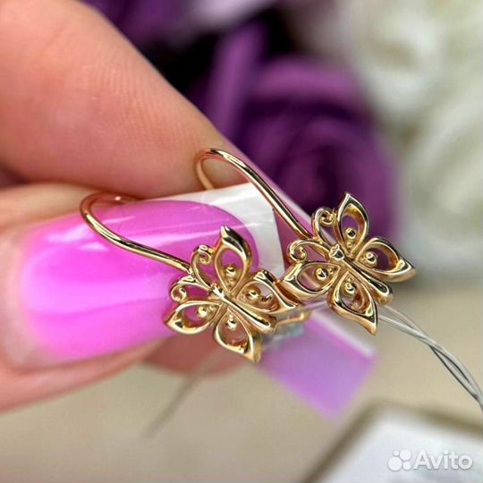 Золотые серьги бабочки 585 золото