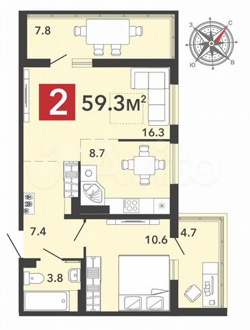 2-к. квартира, 59,3 м², 10/16 эт.