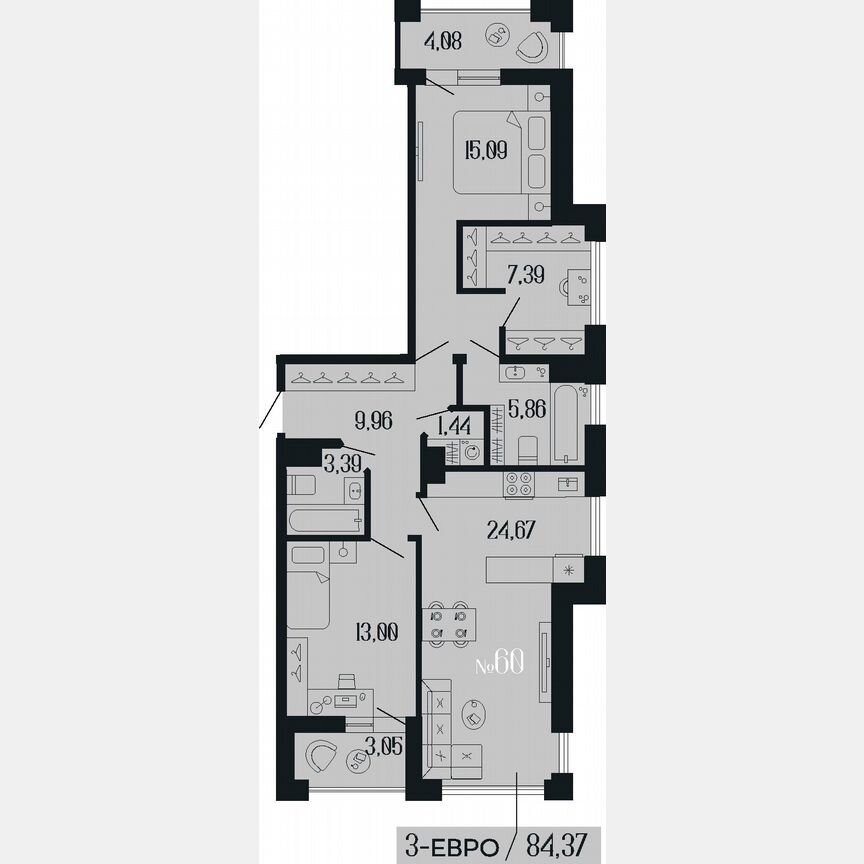 2-к. квартира, 84,4 м², 9/11 эт.