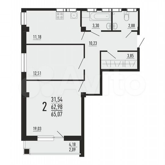2-к. квартира, 65,1 м², 2/16 эт.