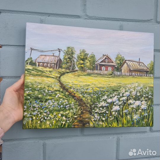 Картина маслом деревья пейзаж летний цветы 30х40