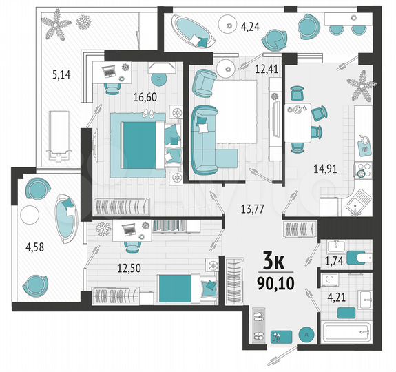 3-к. квартира, 90,1 м², 2/21 эт.
