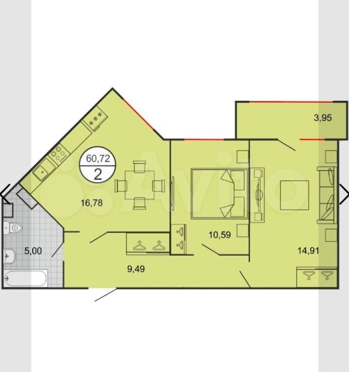 2-к. квартира, 61 м², 3/7 эт.