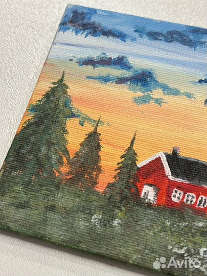 Картина в подарок акрилом, 10 см, пейзаж с домом