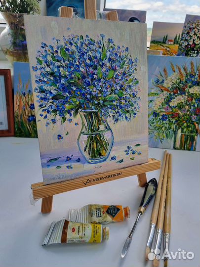 Картина маслом незабудки цветы в вазе миниатюра