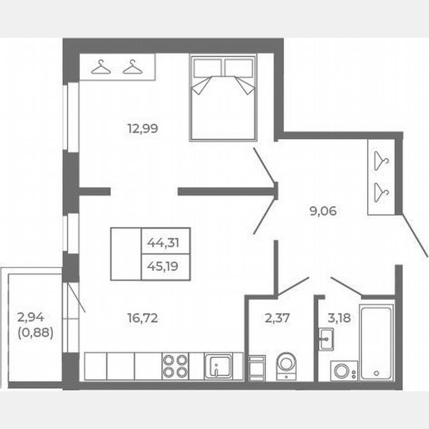 2-к. квартира, 44,3 м², 3/4 эт.