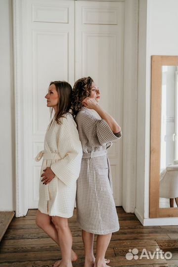 Халат-кимоно вафельный мини молочный, S-L