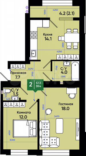 2-к. квартира, 60,8 м², 3/3 эт.