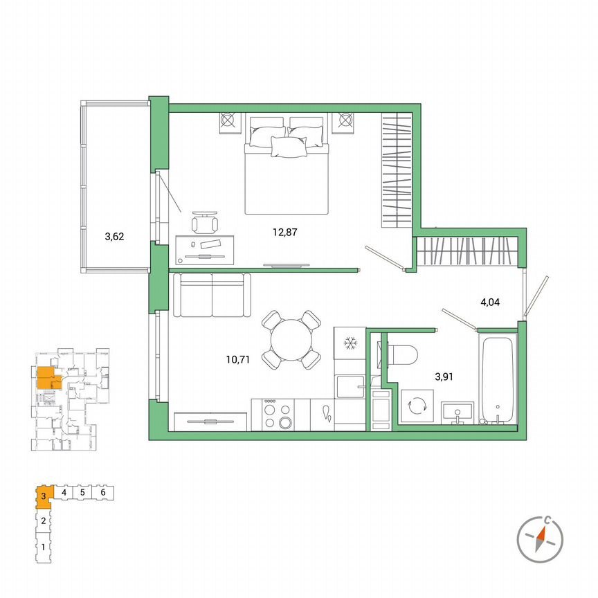 1-к. квартира, 32,6 м², 2/7 эт.