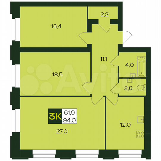 3-к. квартира, 94 м², 1/9 эт.