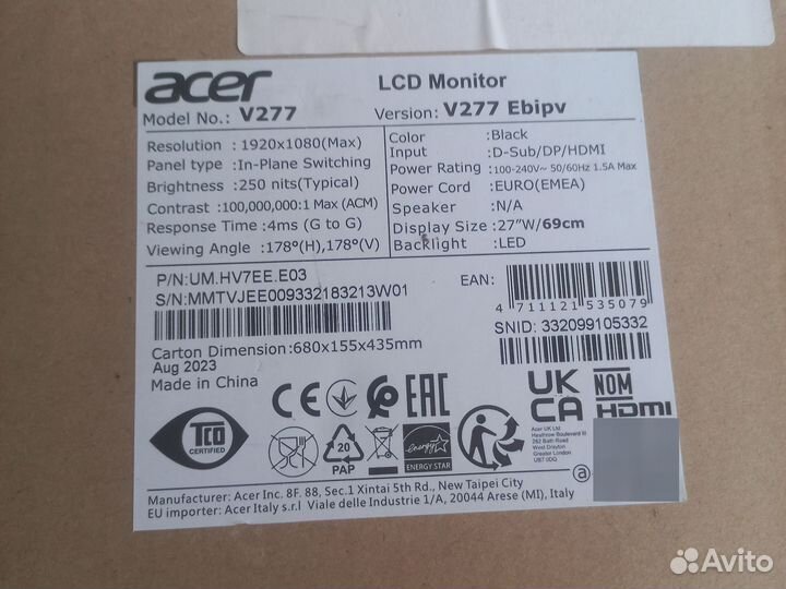 Монитор Acer v277 Ebipv