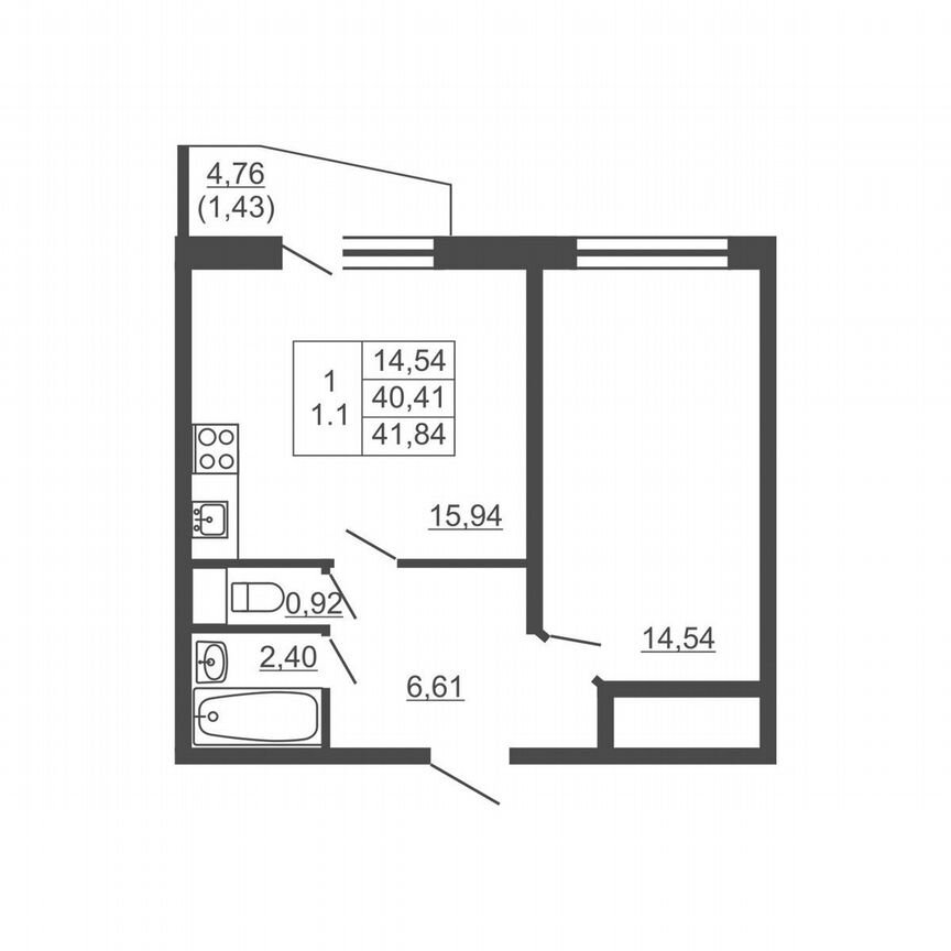 1-к. квартира, 41,8 м², 2/16 эт.