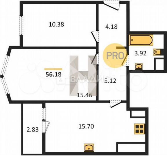 2-к. квартира, 56,2 м², 15/16 эт.