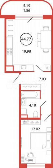 1-к. квартира, 44,8 м², 2/12 эт.
