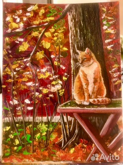 Картина маслом 24Х18 см котик осень