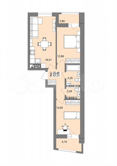 2-к. квартира, 61 м², 23/26 эт.