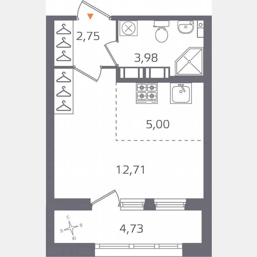 Квартира-студия, 26,8 м², 13/16 эт.