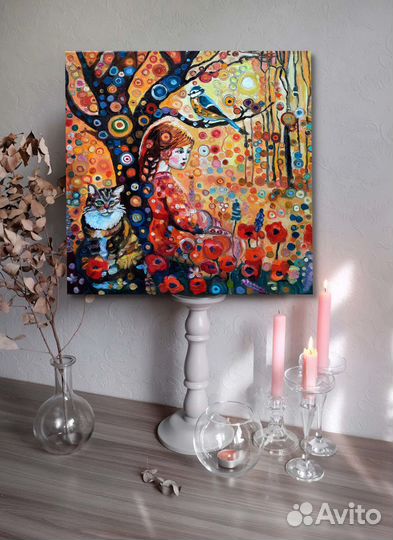 Картина маслом девочка у дерева холст 30*30см