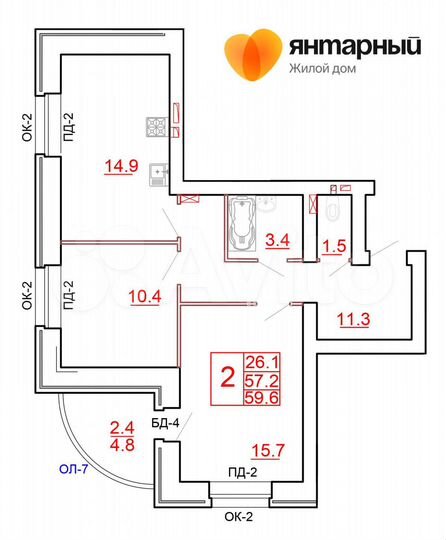 2-к. квартира, 59,6 м², 1/10 эт.