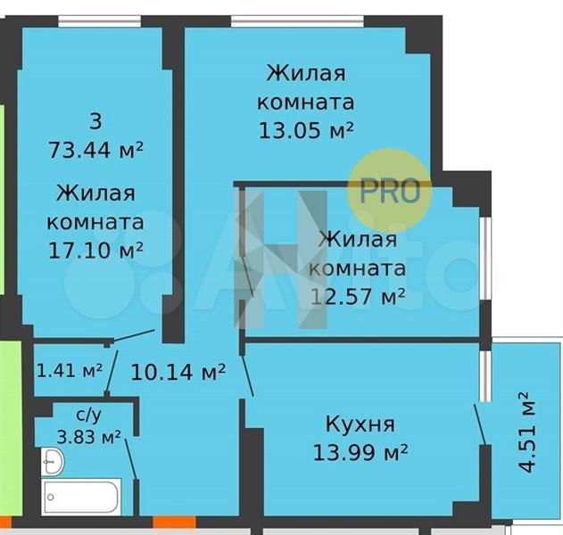 3-к. квартира, 73,4 м², 17/25 эт.