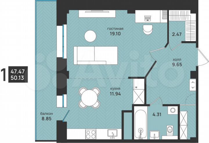1-к. квартира, 50,1 м², 5/13 эт.