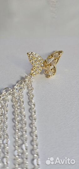 Серьги бабочки длинные цепочки серебро