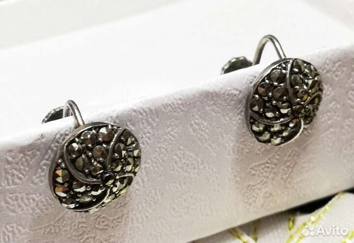 Стильные серьги, марказиты, серебро, Англия, 70е